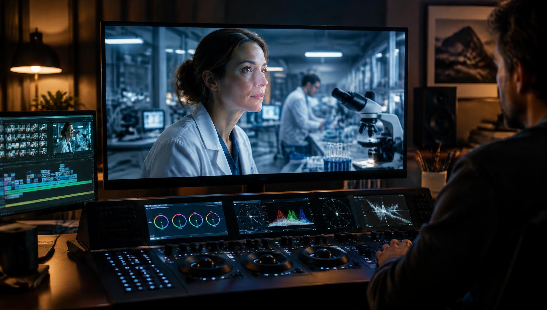 Illustrative AI-generated scene of a scientist's film being finished in a cinema studio