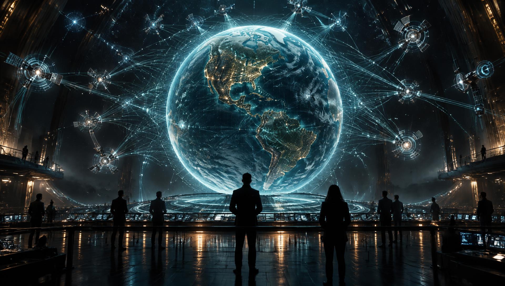 Aether global film distribution operations hall with a holographic worldwide delivery network
